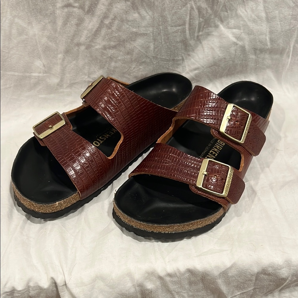 Birkenstock Brown Sandals with Gold Buckles